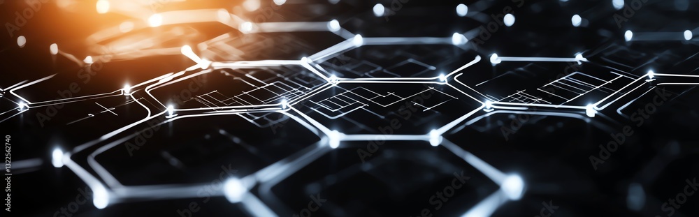 Poster a close-up view of a futuristic network with glowing lines and hexagonal shapes, representing innova