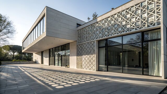 Contemporary architecture with a blend of glass, concrete, and patterned stonework, clean lines, and modern appeal.