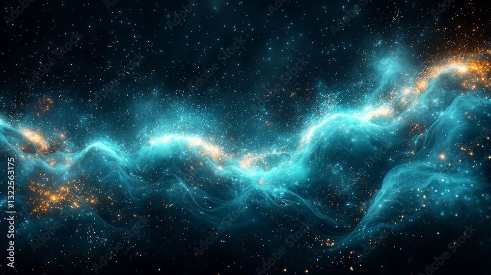 Poster teal undulations dotted with shimmering particles, shaping a dynamic and abstract background