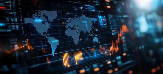 Fototapeta premium A detailed image of a digital world map displaying data trends and tech statistics. It symbolizes global connectivity and modern information systems influencing our daily lives.