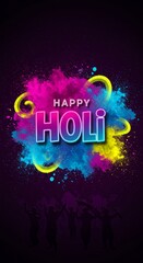 The vibrant Holi celebration spreads across this cheerful wallpaper, featuring colorful powder, joyful silhouettes, and an exuberant HAPPY HOLI greeting, capturing the spirit of the festive season.