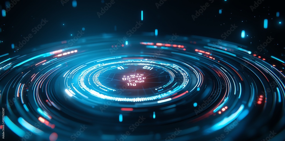 Poster a mesmerizing digital abstract image displaying vibrant circular patterns and glowing lights symboli