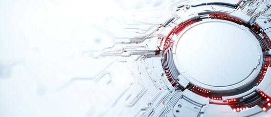A futuristic digital interface showcasing a circular design with intricate technology details. The abstract background emphasizes innovation and modernity in tech design.
