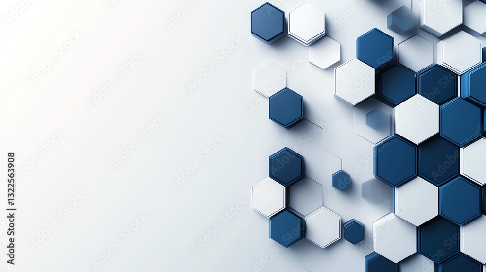 Poster an abstract design featuring interconnected hexagons in various shades of blue and white. this moder