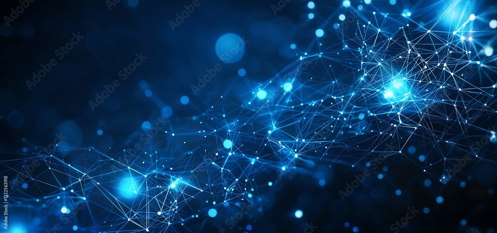 Poster a captivating abstract image showcasing interconnected nodes and glowing lights in a digital network