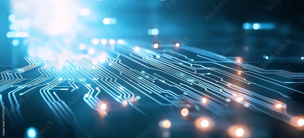 Poster a close-up view of a modern microchip circuit, showcasing intricate patterns and glowing lights, sym