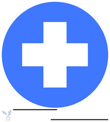 Obraz premium Blue circle containing a white cross, symbol of health and medical aid. Ideal for healthcare, safety, first aid, emergency, wellness, support and cross-concept themes. Clean flat simple metaphor