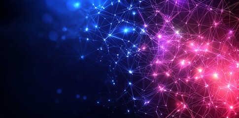 Fototapeta premium A vibrant abstract background showcasing a network of interconnected nodes and lines in shades of blue and pink, symbolizing digital technology and data connections.