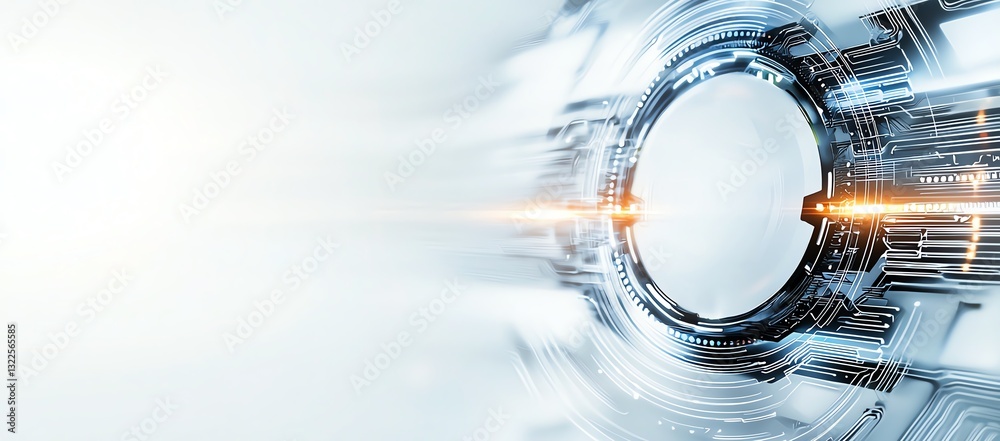 Poster futuristic abstract design showcasing a high-tech circular structure with dynamic light trails and a