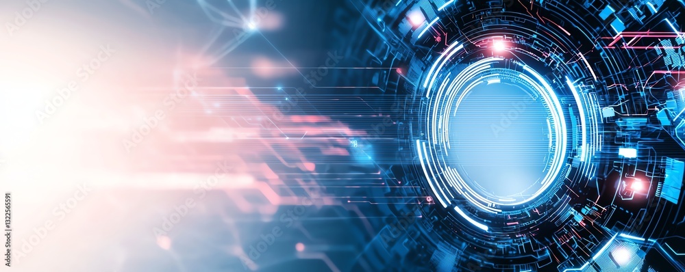 Poster abstract futuristic digital background featuring glowing circles, lines, and data streams, represent