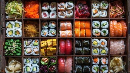 Wooden bento box filled with neatly arranged sushi and colorful ingredients