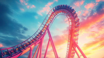 Fototapeta premium Thrilling roller coaster ride at amusement park colorful sunset sky captivating photography dynamic environment