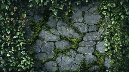 Overgrown garden wall with ivy creeping through the cracks and moss softening the worn stone texture