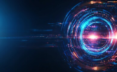 Fototapeta premium Abstract futuristic digital background featuring dynamic glowing circles and light trails. Ideal for themes related to innovation, digital technology, and modern advancements.