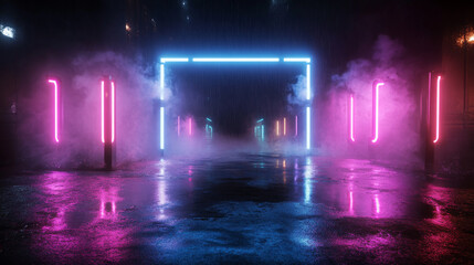 Fototapeta premium vibrant neon lit alleyway with colorful lights and misty atmosphere