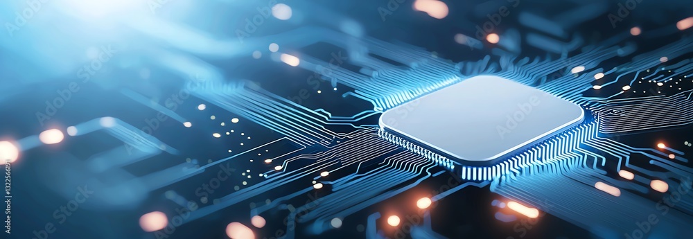 Aufkleber a close-up view of a modern microchip with intricate circuitry illuminated by a blue light. this ima