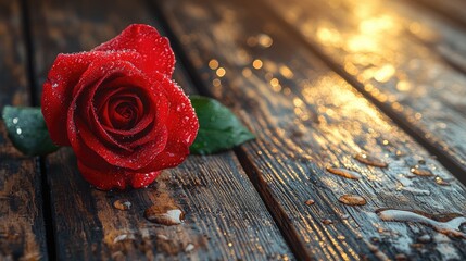 Red Rose on Wooden Background with Dew Drops
