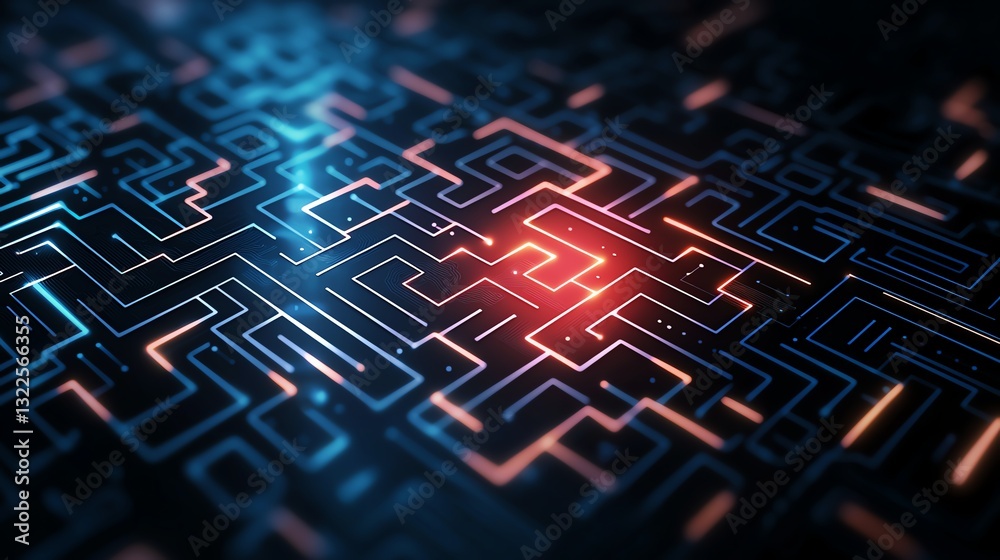 Poster a vibrant digital maze illuminated with blue and red lights, showcasing intricate patterns and conne