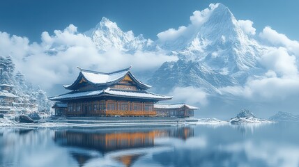 Obraz premium Serene snow-covered temple reflected in a calm lake with majestic mountains.