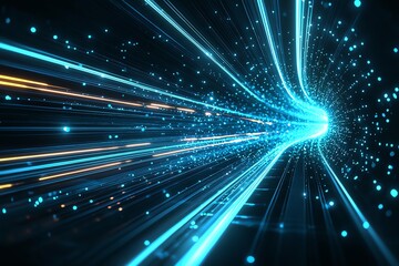 Obraz premium A mesmerizing digital art piece depicting streams of blue light particles emerging from a central point, symbolizing speed, movement, and futuristic technology.