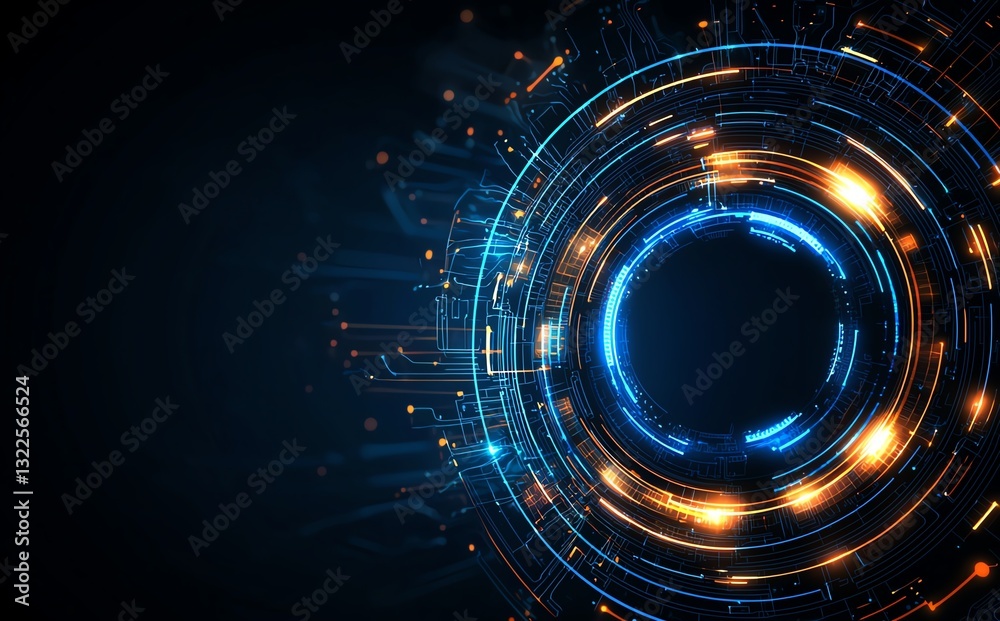 Poster a futuristic digital abstract background featuring glowing circular patterns and lines that convey t