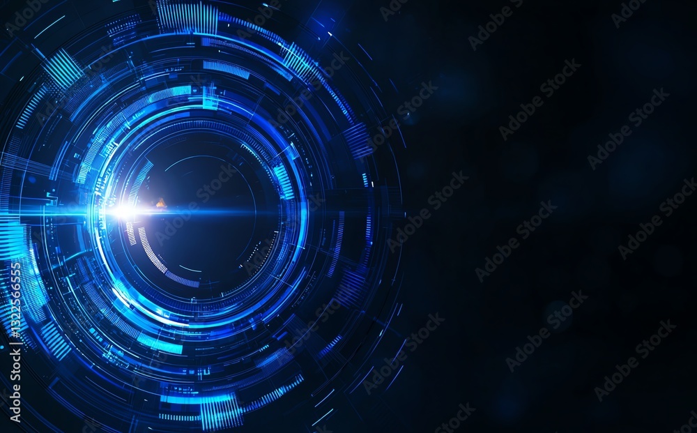 Poster abstract digital background featuring intricate blue circular patterns with glowing elements. ideal 