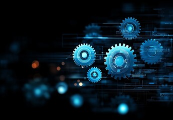Futuristic blue gears with digital effects symbolize efficiency and innovation in technology. Perfect illustration for automation, machinery, and industrial progress themes.