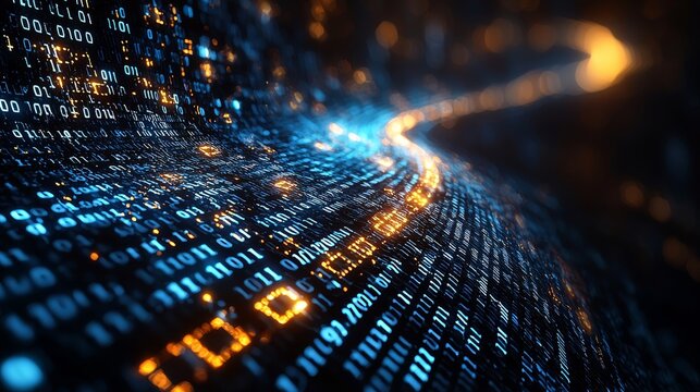 A digital data stream illustrated in binary code within this abstract background image conveys ideas of technology, information flow, connectivity, data processing, and innovation