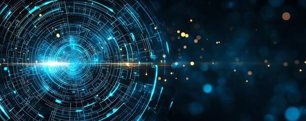Obraz premium A stunning digital abstract illustration showcasing concentric circles and luminous particles, representing modern technology and advanced data processing in a vibrant blue color s