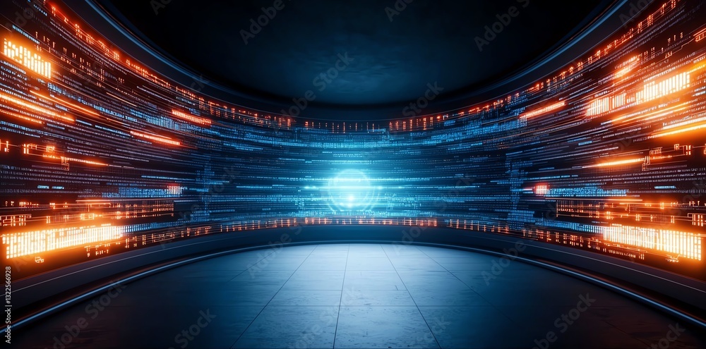 Poster a futuristic digital environment with dynamic light patterns and glowing elements that represent adv