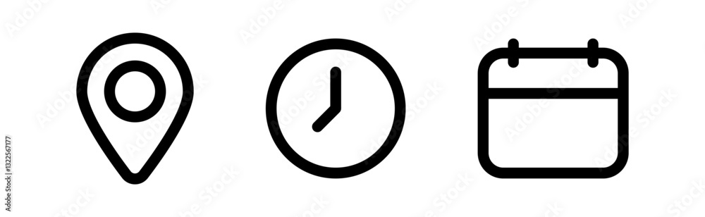 Aufkleber Address location icon. Stopwatch timer icon. Date Calendar icon - Web icons set