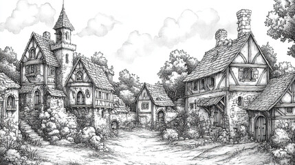 Obraz premium Charming medieval village scene fantasy landscape illustration peaceful environment artistic viewpoint historic concept