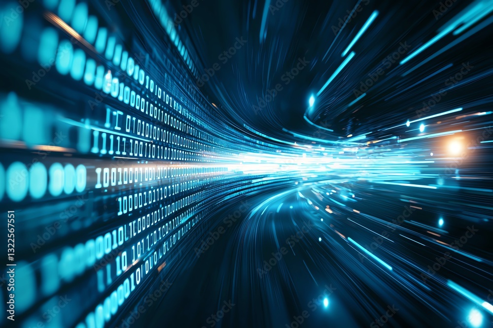 Poster a mesmerizing abstract representation of fast-moving data streams, showcasing glowing binary codes a
