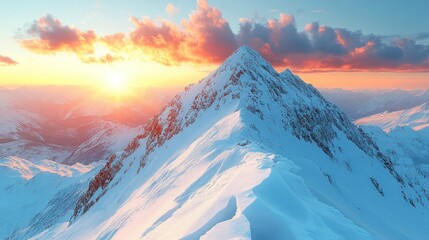 Majestic snow-capped mountain peak at sunset, vibrant colors in the sky.