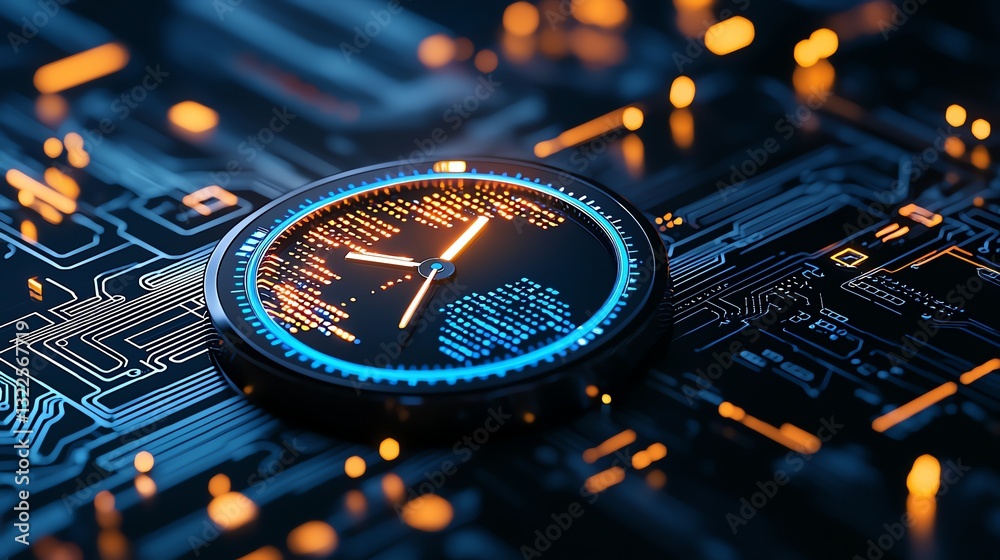 Poster a close-up view of a futuristic clock design on a circuit board, showcasing intricate patterns and g