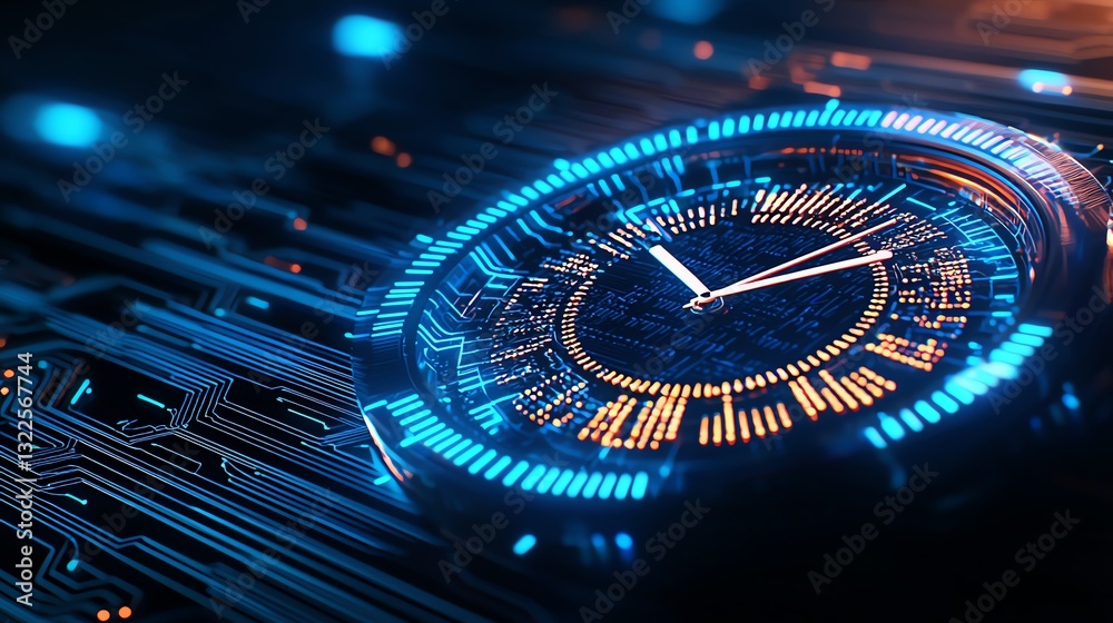Poster a futuristic digital clock displaying time and data on a sleek circuit board