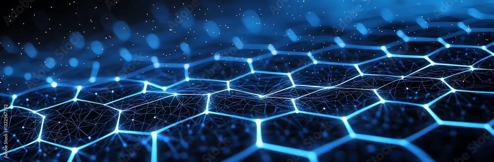 Poster a close-up view of a futuristic hexagonal grid illuminated by blue light, showcasing intricate patte