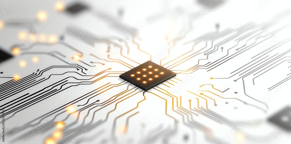 Poster a close-up view of a microchip on a circuit board, showcasing intricate patterns and connections tha