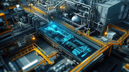 Fototapeta premium A futuristic holographic production planning interface optimizing factory workflows.