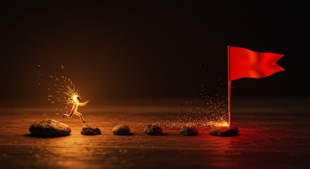 A burst of fiery energy leaps from rocks at a red banner in pitch-black night, illuminating the scene with glowing embers.
