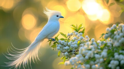Obraz premium White bird with long tail feathers perched on a flowering branch at sunset.