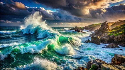 Naklejka premium Dramatic Coastal Landscape with Navy Sound Wave Pattern, Ocean Waves Crashing on Rocky Shore