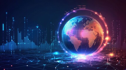 Fototapeta premium A futuristic trade and investment concept with a divided world globe, blockchain links, and forex charts.