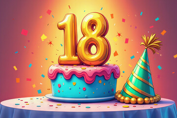 Greeting card for 18 years. Celebrate an 18th birthday with a colorful cake and party hat.