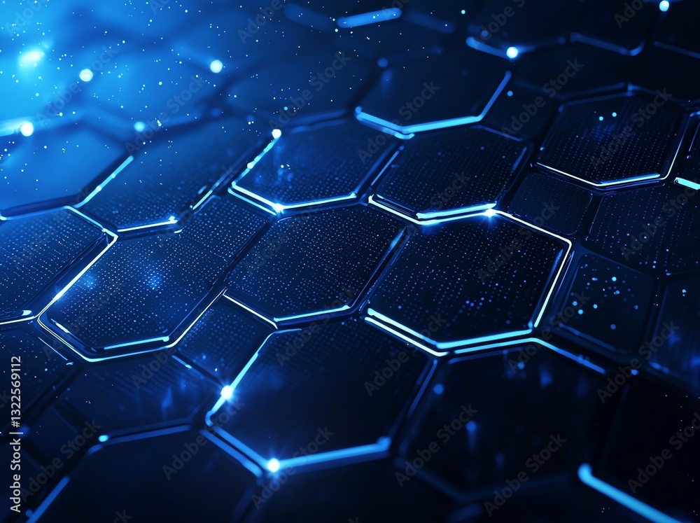 Poster futuristic hexagonal pattern with glowing blue elements, creating a digital texture ideal for backgr