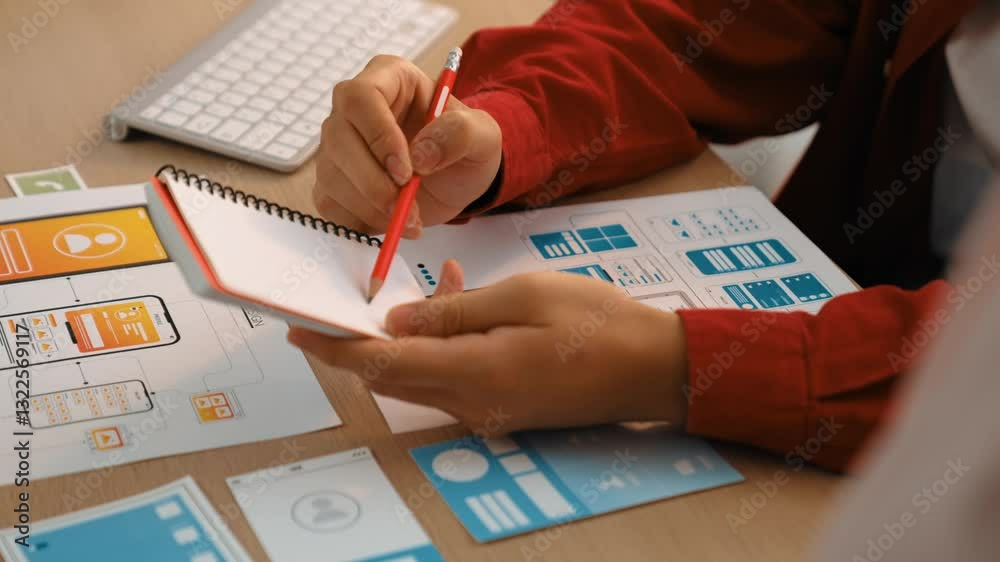 Poster startup company employee planning for user interface prototype for mobile application or website in 