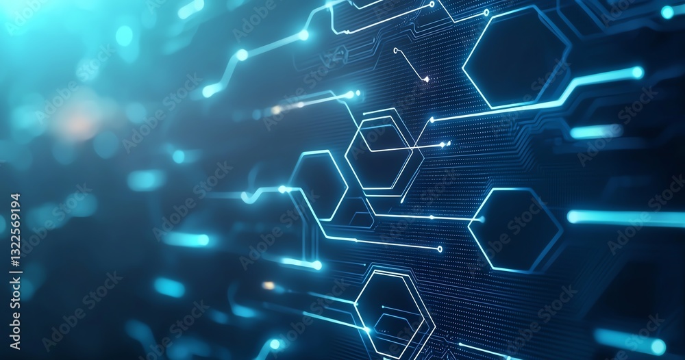 Poster a close-up view of an abstract digital circuit design, showcasing glowing blue lines and interconnec