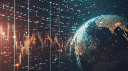 Obraz premium A global economic representation with a stylized Earth, mixed currency coins, and fluctuating stock market data.