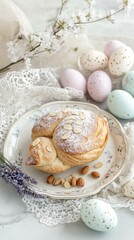 Fototapeta premium Traditional Italian Colomba di Pasqua with pastel eggs and almonds, perfect for Easter celebrations