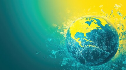 Fototapeta premium A global economy in transition, symbolized by a blue and yellow world globe and fluctuating currency symbols.